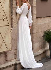 A-Line Long Sleeves Sweep Train Chiffon Wedding Dresses With Lace