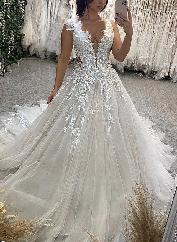 A-Line V-Neck Sleeveless Sweep Train Lace Tulle Wedding Dresses