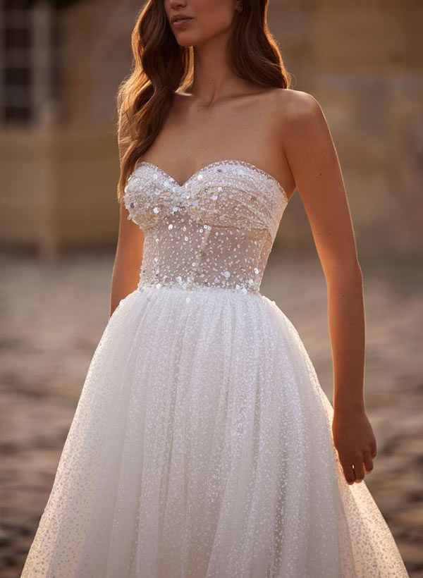 Illusion Neck A-Line Wedding Dress with Long Sleeves and Sweep Train in Tulle/Sequined