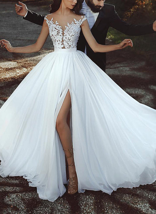 Illusion Neck Sleeveless Lace/Tulle Wedding Dresses With Split Front