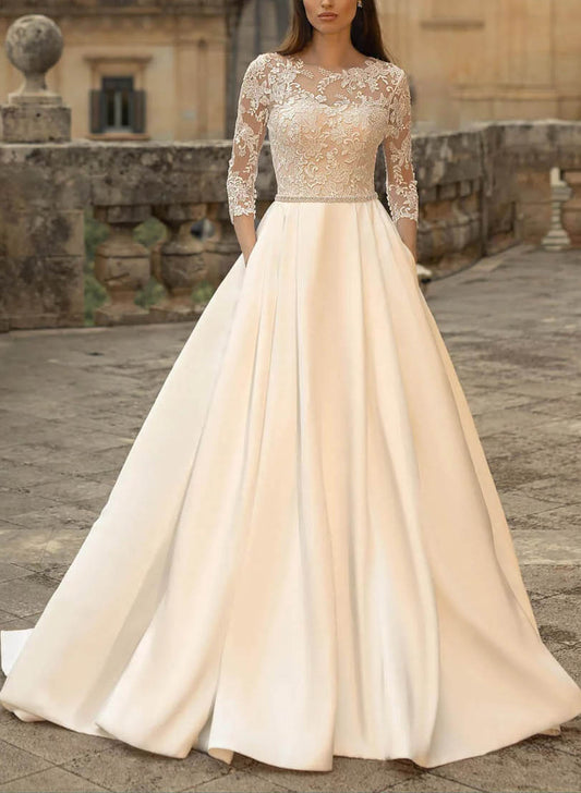 Ball-Gown Satin Wedding Dresses with Classic Lace Sleeves