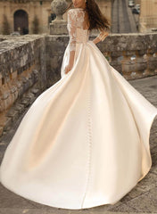 Ball-Gown Satin Wedding Dresses with Classic Lace Sleeves