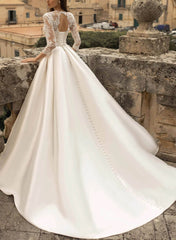 Ball-Gown Satin Wedding Dresses with Classic Lace Sleeves