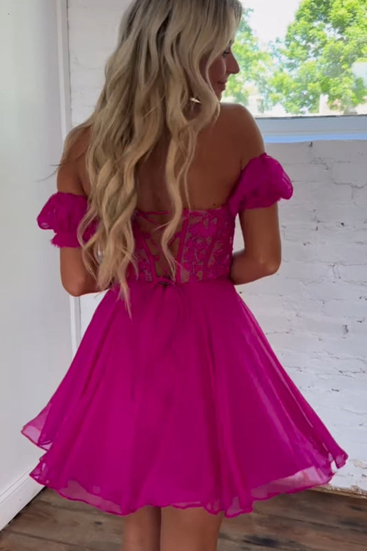 Sparkly Fuchsia Lace-Up Back A-Line Short Homecoming Dress with Lace