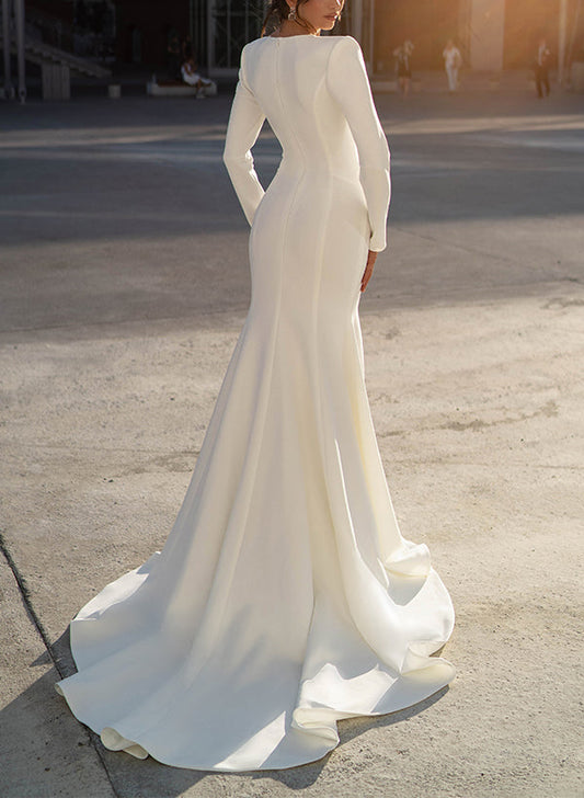 Elastic Satin/Sequined Wedding Dresses- Trumpet/Mermaid V-Neck with Long Sleeves