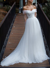 Off-The-Shoulder Long Sleeves Sweep Train Tulle Wedding Dresses