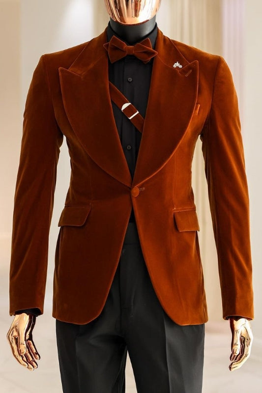 Barry Bespoke Brown Peaked Lapel 2-Piece Velvet Prom Suit