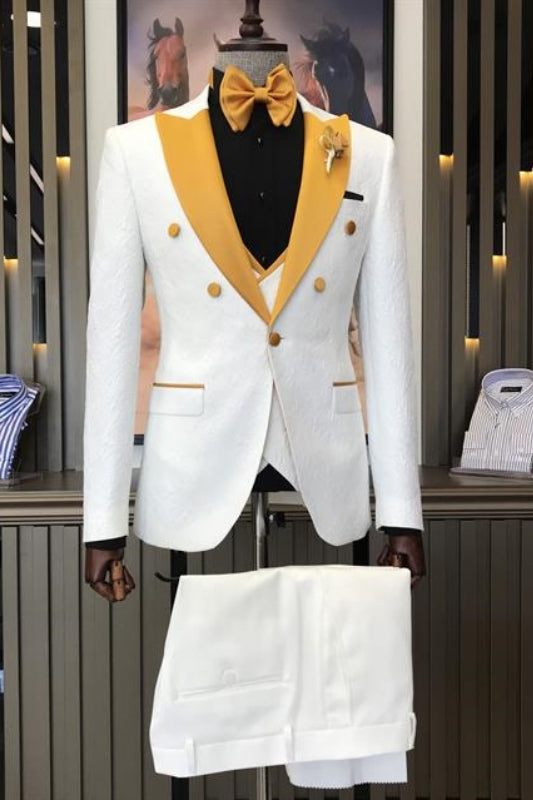 Abel Modern White 3-Piece Jacquard Wedding Suit with Yellow Peaked Lapel