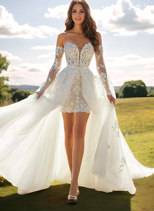 Sweetheart Long Sleeves Lace Wedding Dresses With Detachable Train