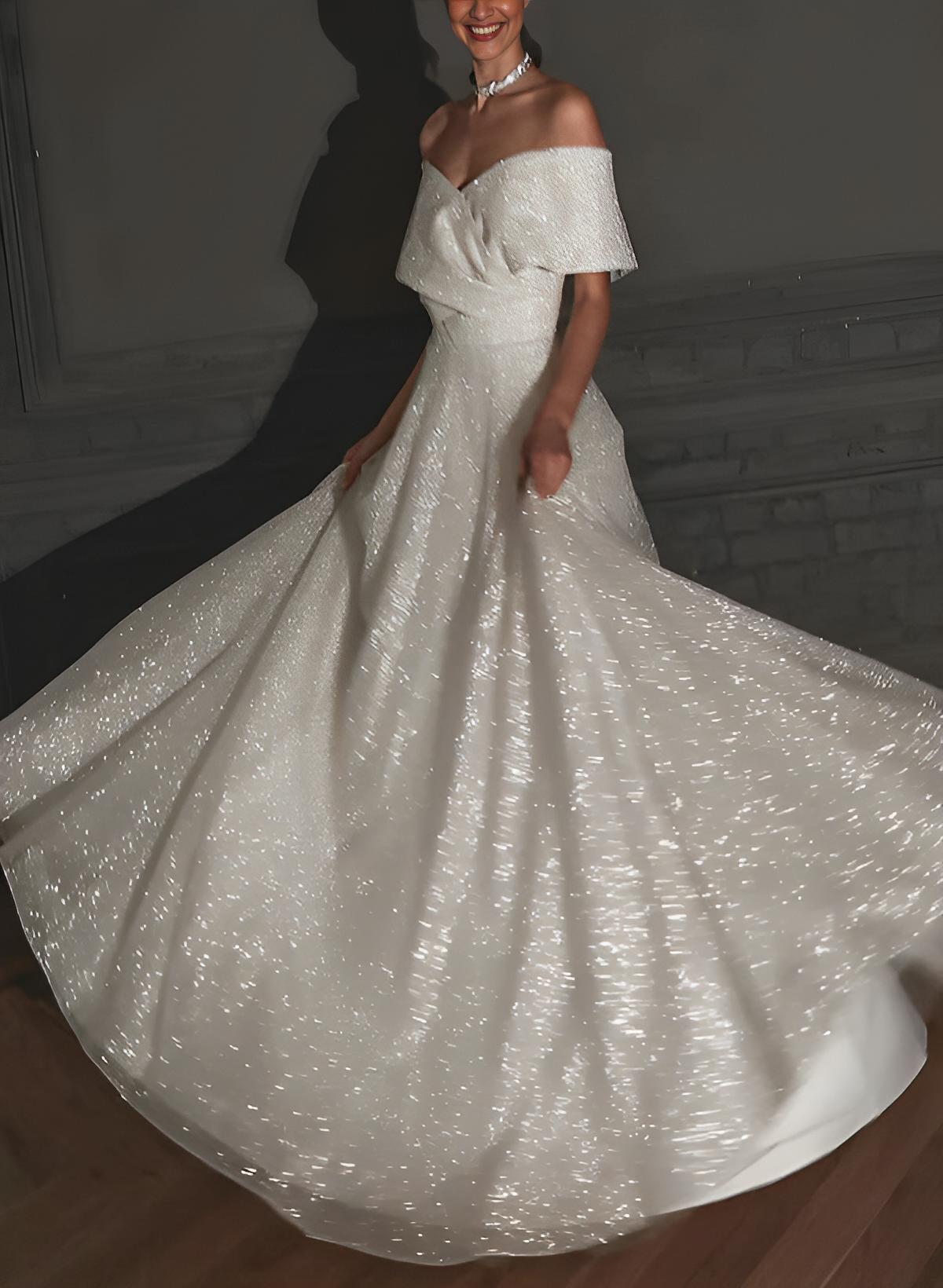 Off-The-Shoulder Sleeveless A-Line Wedding Dress with Sweep Train and Sequin Detail