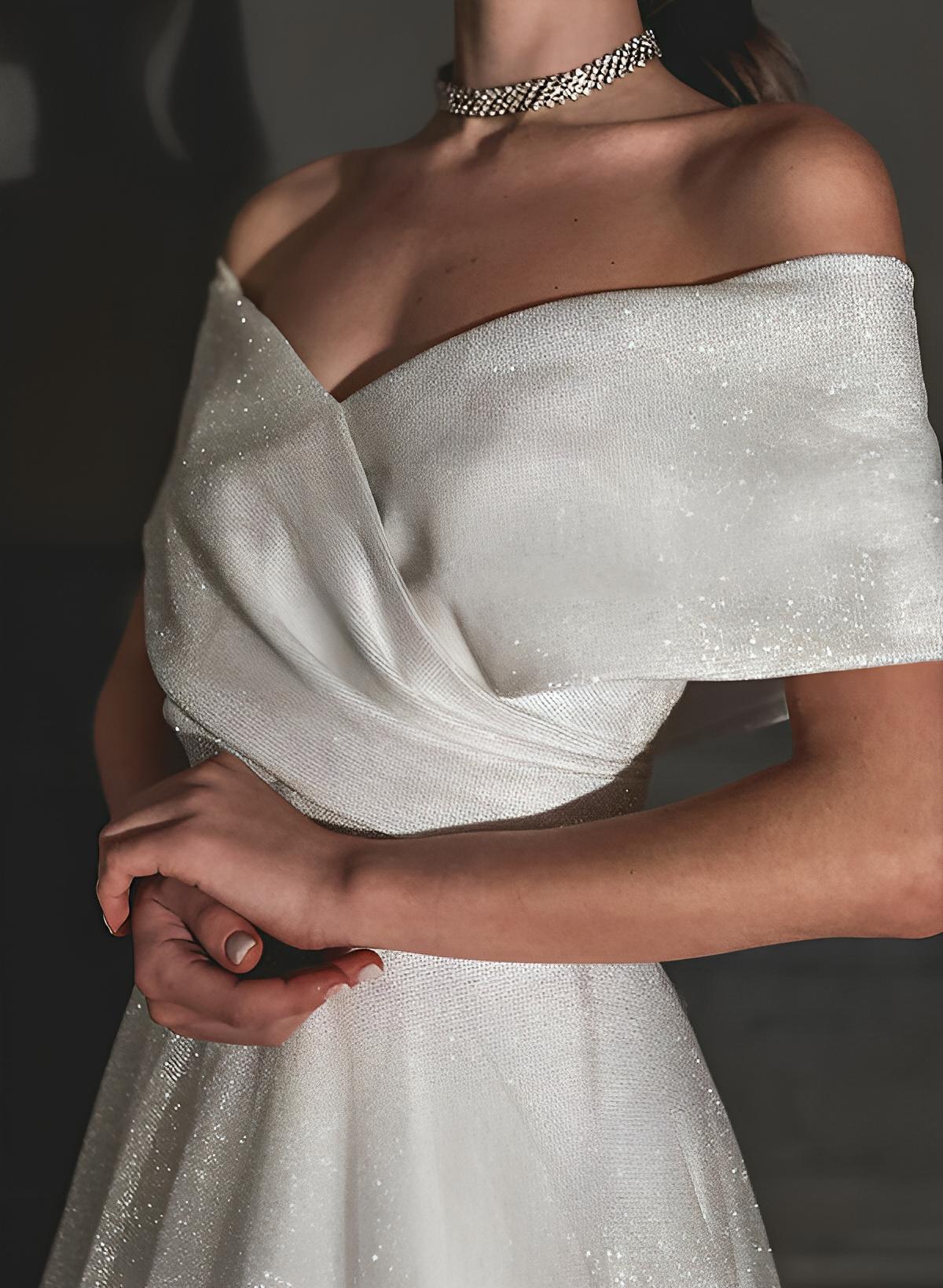 Off-The-Shoulder Sleeveless A-Line Wedding Dress with Sweep Train and Sequin Detail