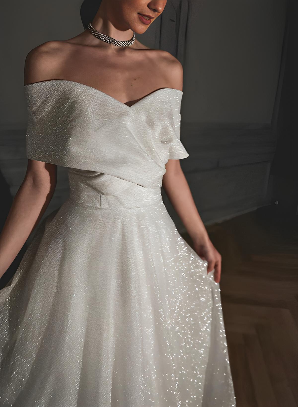 Off-The-Shoulder Sleeveless A-Line Wedding Dress with Sweep Train and Sequin Detail