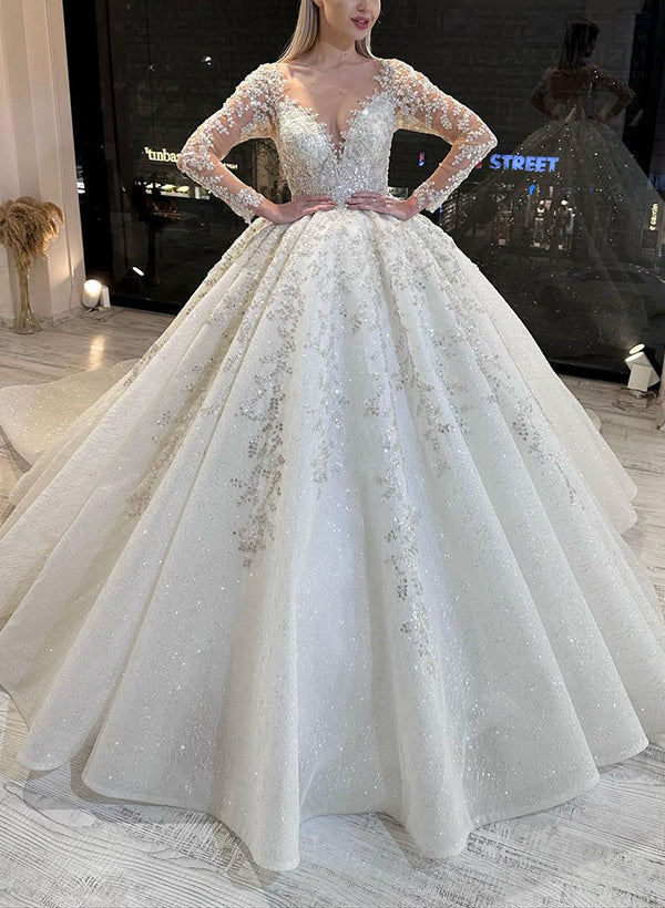 Wedding Dresses: Ball-Gown Illusion Neck with Long Sleeves Lace/Tulle