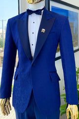 Alan Dark Blue Peaked Lapel Slim Fit Jacquard Prom Men Suit