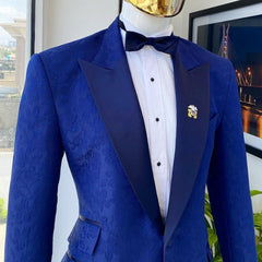 Alan Dark Blue Peaked Lapel Slim Fit Jacquard Prom Men Suit