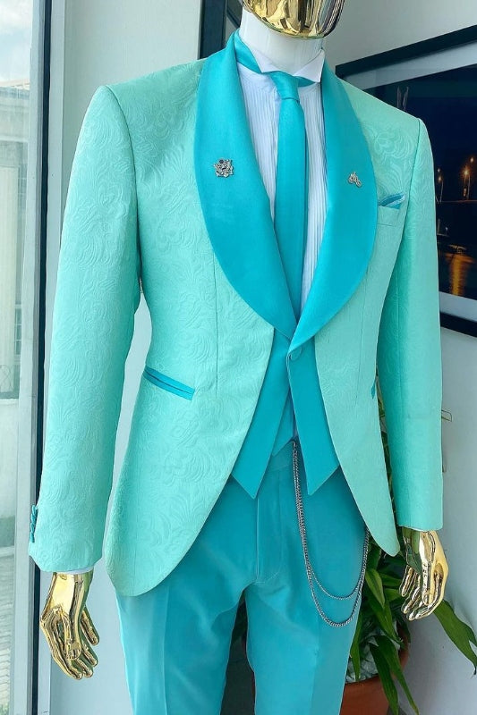 Aiden Newest Sky Blue Shawl Lapel Jacquard Wedding Suit for Men