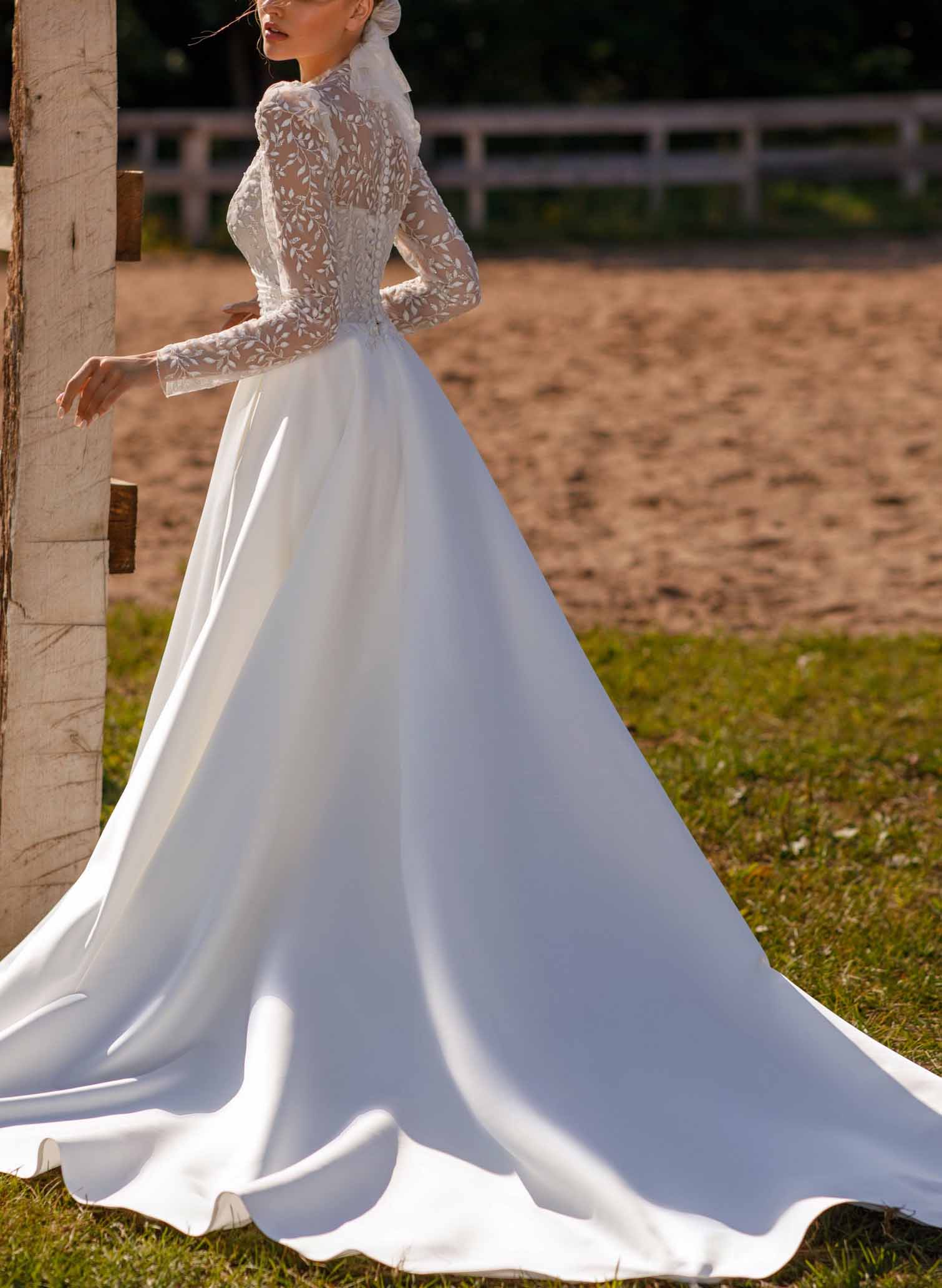 High Neck Lace Ball-Gown Wedding Dress with Long Sleeves