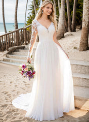 A-Line V-Neck Long Sleeves Chiffon Court Train Wedding Dress With Lace: