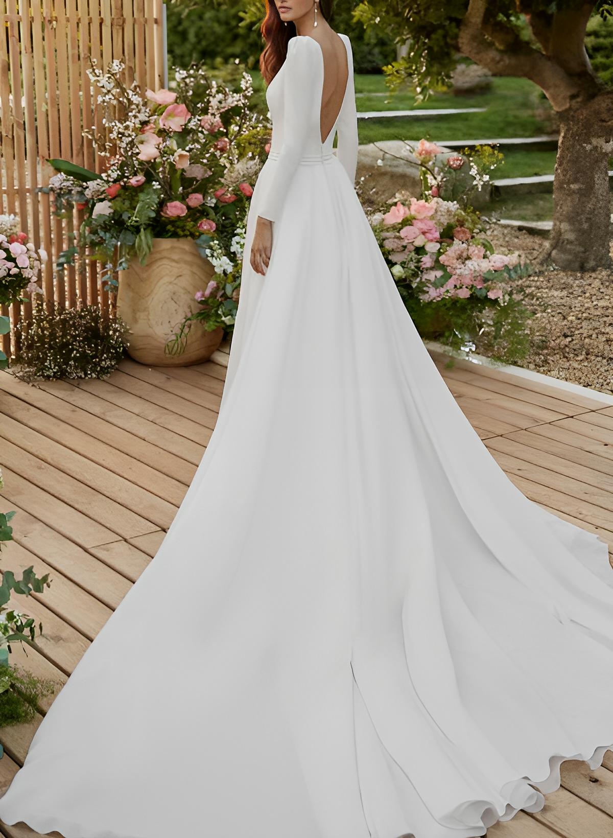 Elastic Satin Wedding Dresses Scoop Neck Long Sleeves Court Train