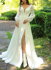 Sweep Train Chiffon/Lace Wedding Dress with A-Line V-Neck and Long Sleeves