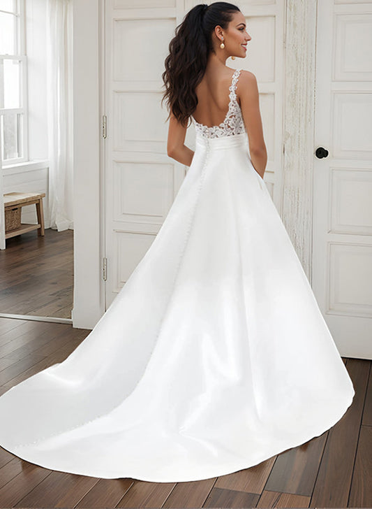 Ball-Gown Satin V-Neck Wedding Dresses With Pockets