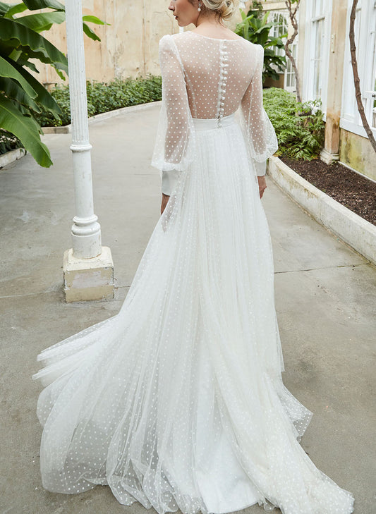 V-Neck Long Sleeves Tulle A-Line Bridal Gowns