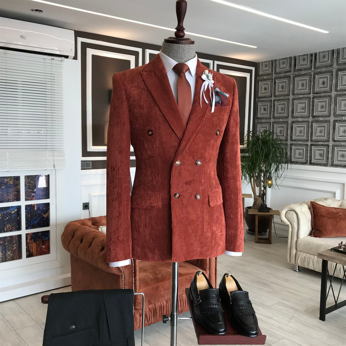 Amos Bespoke Burgundy Corduroy Peaked Lapel Double Breasted Prom Suit