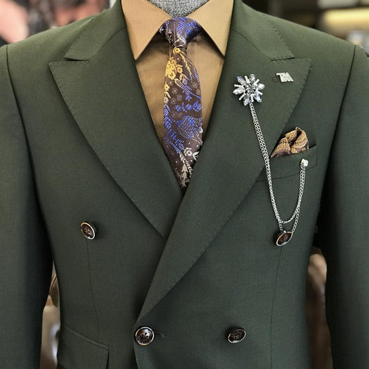 Alonzo Fancy Dark Green Peaked Lapel Double Breasted Prom Suit