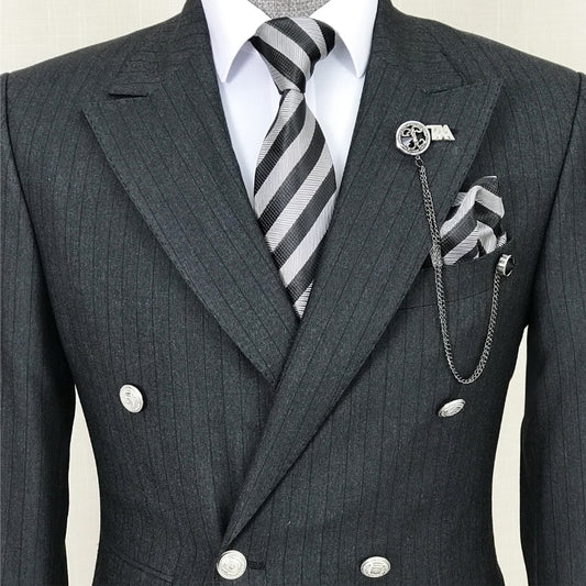 Ansel Black Striped Double-Breasted Peaked Lapel Business Suit