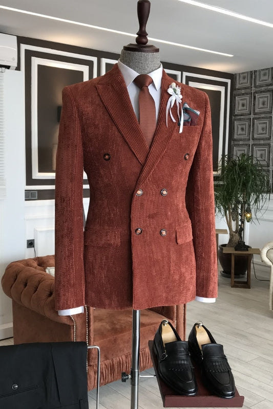 Amos Bespoke Burgundy Corduroy Peaked Lapel Double Breasted Prom Suit