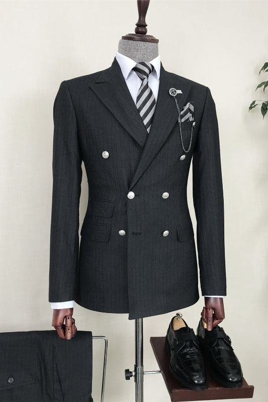 Ansel Black Striped Double-Breasted Peaked Lapel Business Suit