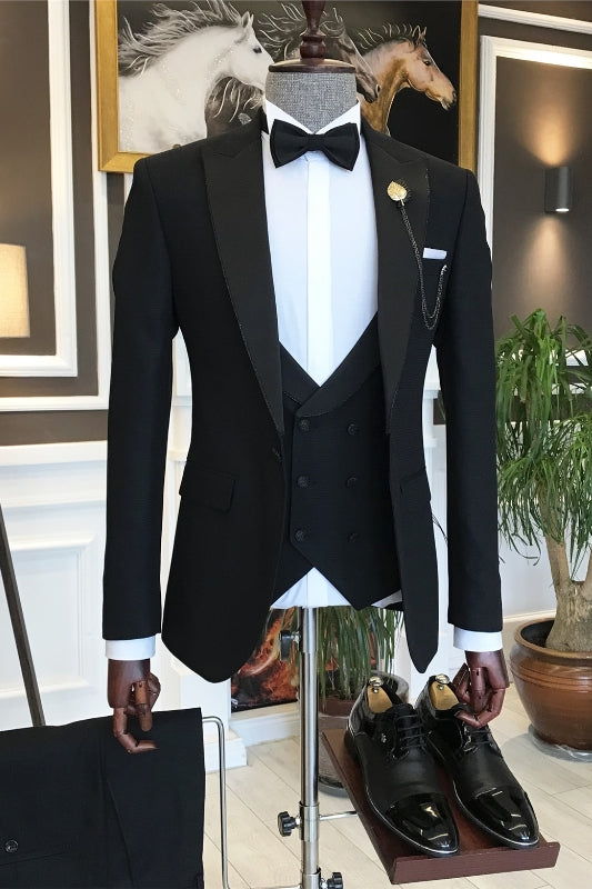 Antonio Black Three-Piece Peaked Lapel Bespoke Business Suit