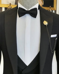 Antonio Black Three-Piece Peaked Lapel Bespoke Business Suit