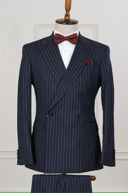 Clifford Dark Navy Peaked Lapel Striped Bespoke Business Suit