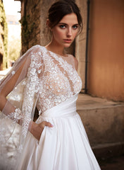 A-Line Sweep Train Satin Wedding Dresses With Appliques Lace