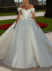 Off-The-Shoulder Sleeveless Satin Ball-Gown Wedding Dress with Sweep Train