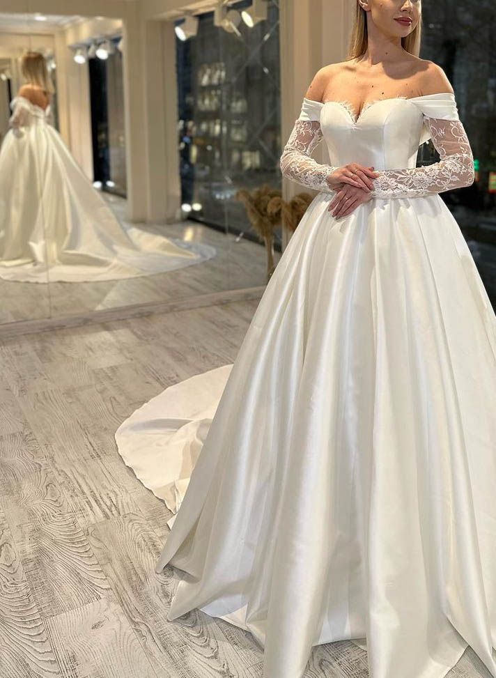 Off-The-Shoulder Ball-Gown Satin Wedding Dresses with Long Sleeves