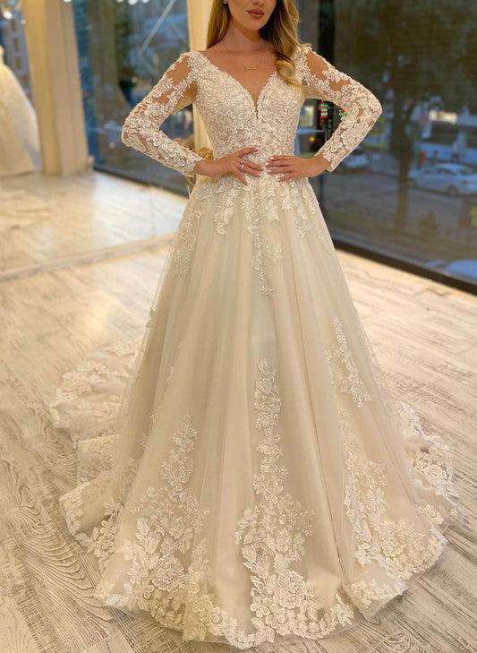 Lavish Lace V-Neck Long Sleeves A-Line Bridal Gowns