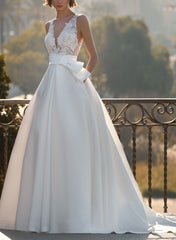 V-Neck Lace Satin Ball-Gown Wedding Dresses