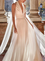 Plunge A-Line Chiffon Pleated Wedding Dresses