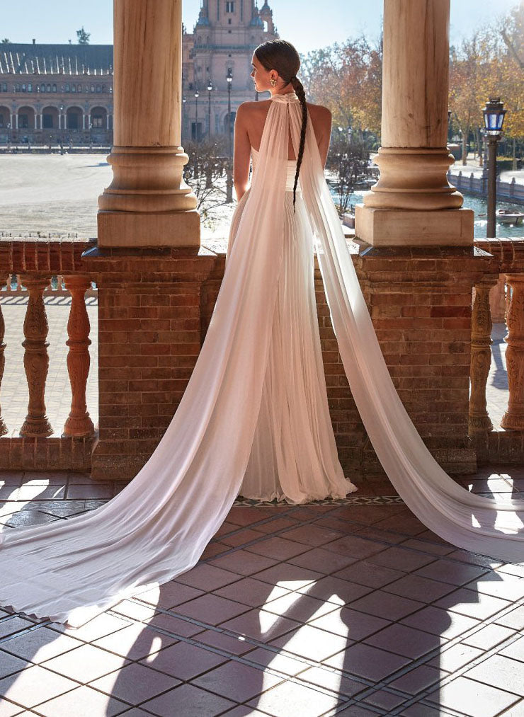 Plunge A-Line Chiffon Pleated Wedding Dresses