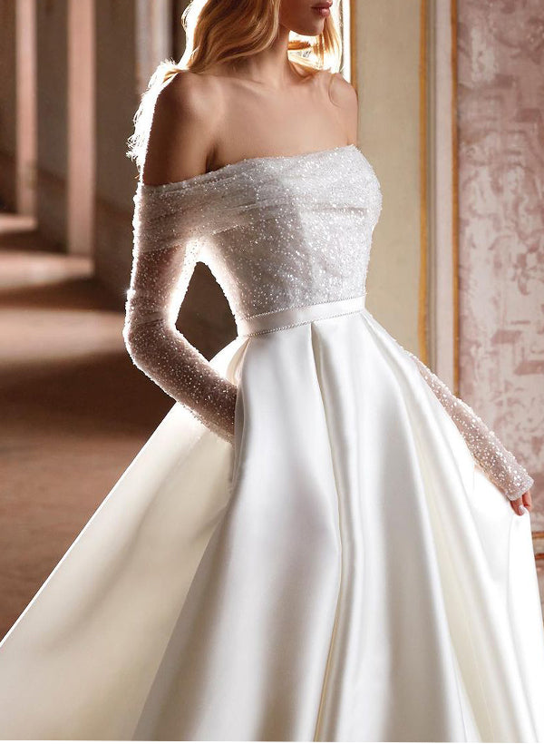 Off-The-Shoulder A-Line Wedding Dress With Long Sleeves and Pockets Featuring Sequins