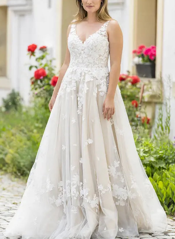 A-Line V-Neck Sleeveless Lace Wedding Dresses With Appliques Lace