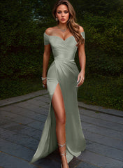 Off-The-Shoulder Silk Like Satin Bridesmaid Dresses With High Split