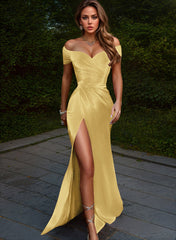 Off-The-Shoulder Silk Like Satin Bridesmaid Dresses With High Split