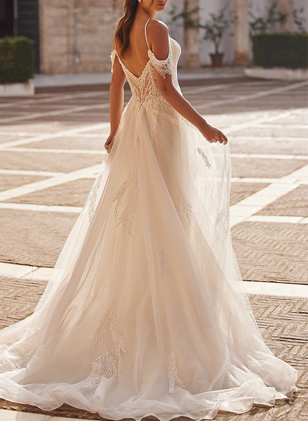 Off-The-Shoulder Sleeveless Tulle Wedding Dress With Appliques Lace