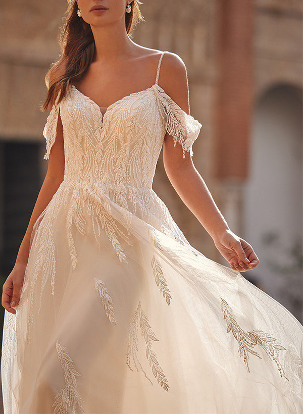 Off-The-Shoulder Sleeveless Tulle Wedding Dress With Appliques Lace