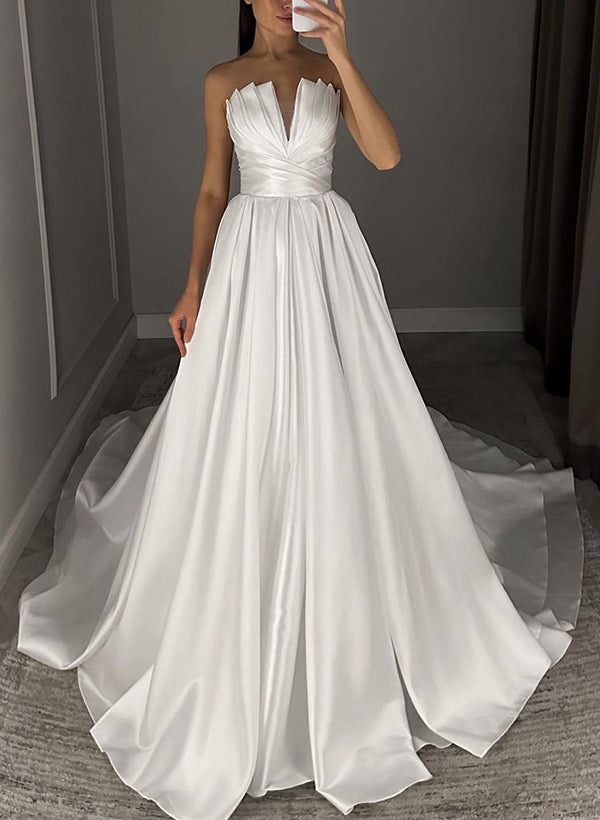 Strapless Sleeveless Satin Wedding Dresses With Ruffle