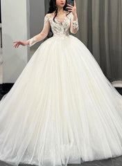 Illusion Neck Long Sleeves Tulle Wedding Dress with Appliques Lace