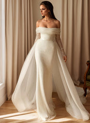 Off-The-Shoulder Sleeveless Sweep Train Sequined Wedding Dresses With Detachable Train